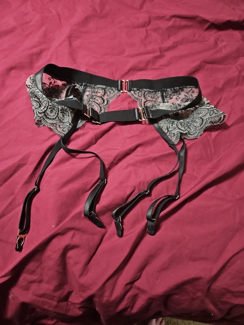 Black Lace Garter Belt with Sheer Floral Panels